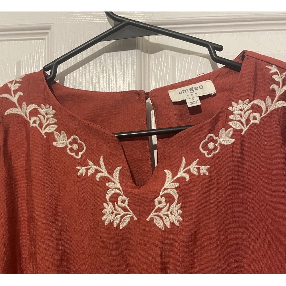Umgee USA Embroidered Boho Shift Dress Small Rust Terracotta‎ Long Sleeve Floral - Picture 3 of 9